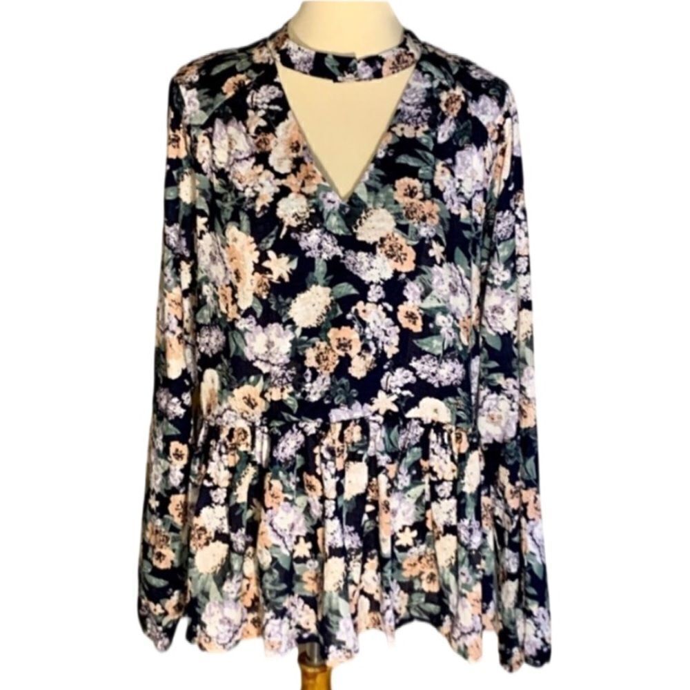 Navy Watercolor Floral Cottagecore Drop Waist Tiered Keyhole Blouse Boho L